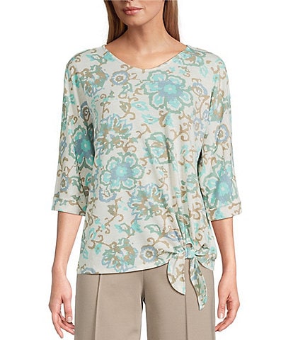 Multiples Petite Size Slub Knit Batik Multi V-Neck 3/4 Dolman Sleeve Top