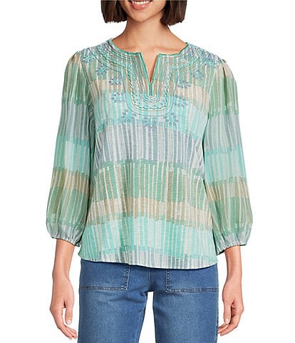 Multiples Petite Size Slub Knit Embroidered Printed Split V-Neck 3/4 Sleeve Top
