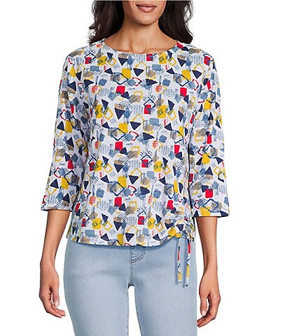 Multiples Petite Size Slub Knit Printed Boat Neck 3/4 Sleeve Fitted Ruched Side Drawstring Top