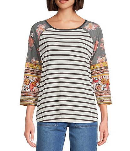 Multiples Petite Size Slub Knit Printed Scoop Neck 3/4 Raglan Sleeve Top