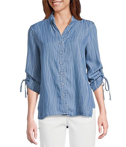 Multiples Petite Size Slub Woven Printed Stand Collar 3/4 Drawstring Sleeve Hi-Low Hem Button Front Shirt
