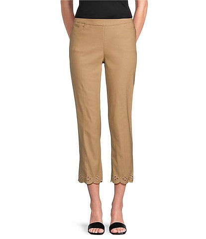 Multiples Petite Size Solid Fine Line Twill Eyelet Embroidered Hem Pull-On Ankle Pants