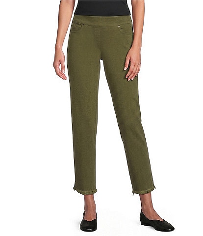Multiples Petite Size Solid Garment Dyed Straight Leg Fringe Hem Pull-On Ankle Pants