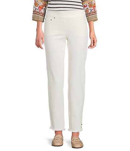 Multiples Petite Size Solid Garment Dyed Straight Leg Fringe Hem Pull-On Ankle Pants