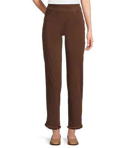 Multiples Petite Size Solid Garment Dyed Straight Leg Fringe Hem Pull-On Ankle Pants