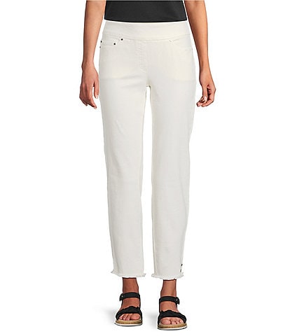 Multiples Petite Size Solid Garment Dyed Straight Leg Fringe Hem Pull-On Ankle Pants