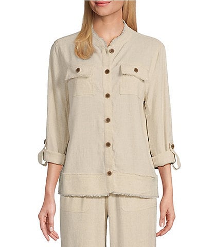 Multiples Petite Size Solid Linen-Blend Stand Collar Long Roll-Tab Sleeve Button-Front Fitted Shirt