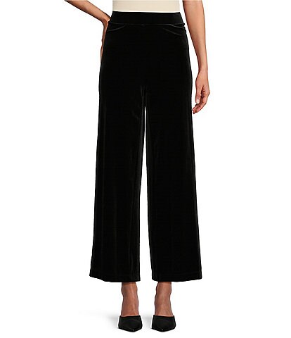 Multiples Petite Size Solid Stretch Velvet Knit Wide-Leg Pull-On Pants