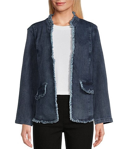 Multiples Petite Size Stand Collar Long Sleeve Fringe Trim Detail Denim Jacket