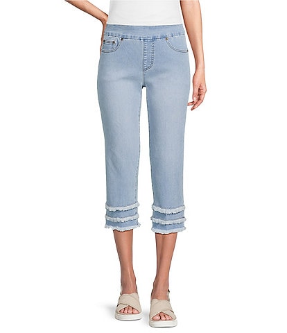 Multiples Petite Size Stretch Denim Wide Waistband Triple Fringe Hem Pull-On Jeans