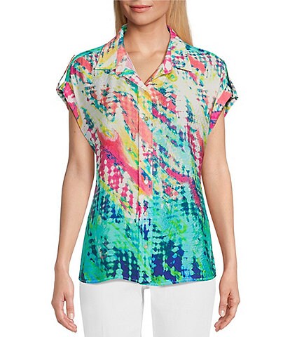 Multiples Petite Size Tie Dye Print Crinkled Woven Short Cuffed Sleeve Button Front Shirt