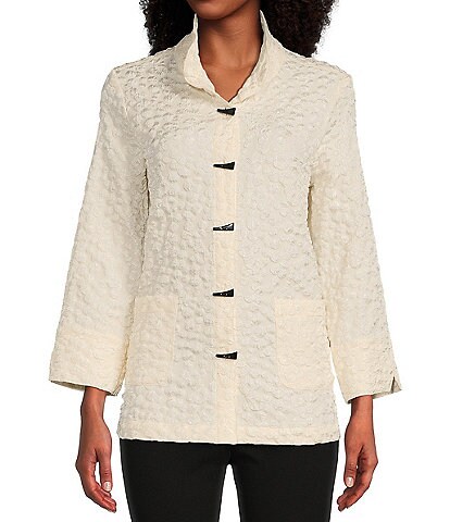 Multiples Petite Size Woven Jacquard Stand Wire Collar 3/4 Sleeve Jacket