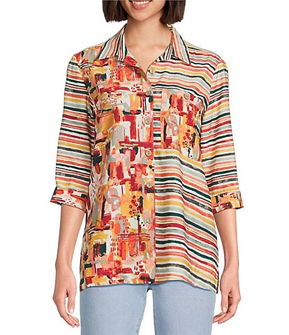 Multiples Petite Size Woven Multi Print Point Collar 3/4 Sleeve Button Front Fitted Shirt