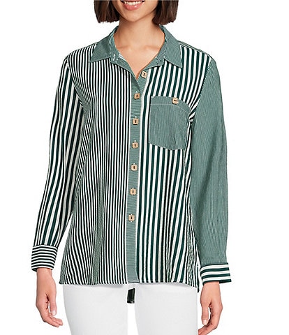 Multiples Petite Size Woven Multi Stripe Print Point Collar Long Turn-Up Cuff Sleeve Button Front Shirt