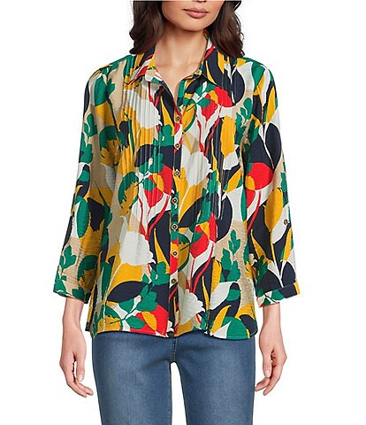 Multiples Petite Size Woven Printed Point Collar 3/4 Roll-Tab Sleeve Button-Front Crinkle Shirt