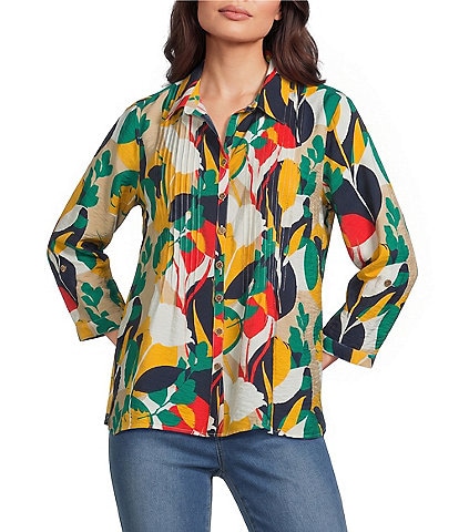 Multiples Petite Size Woven Printed Point Collar 3/4 Roll-Tab Sleeve Button-Front Crinkle Shirt