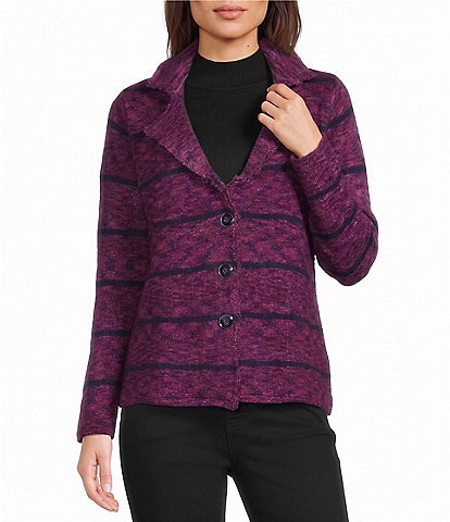Multiples Petite Size Yarn Dye Knit Stripe Open Lapel Long Sleeve Button Front Cardigan