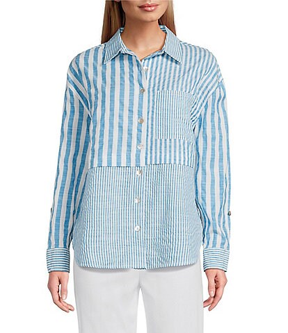 Multiples Petite Size Yarn-Dye Stripe Point Collar Long Roll-tab Sleeve Button-Front Shirt