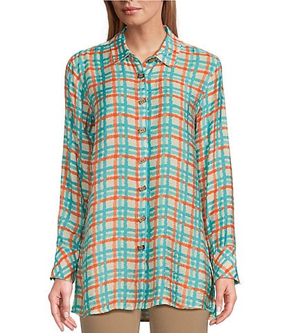Multiples Plaid Print Crinkle Woven Long Sleeve Turn-Up Cuffs Hi-Low Button-Front Shirt