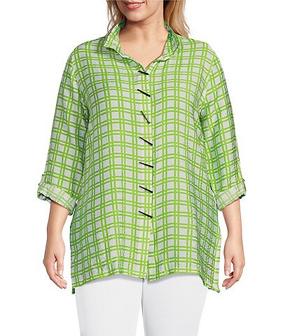 Multiples Plus Plaid Print Woven Crinkle Wire Collar Roll-Tab Sleeve Side Vent Hem Button-Front Shirt