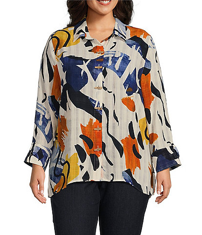 Multiples Plus Size Abstract Print Point Collar Turn Up Cuff Sleeve Button-Front Hi-Low Shirt