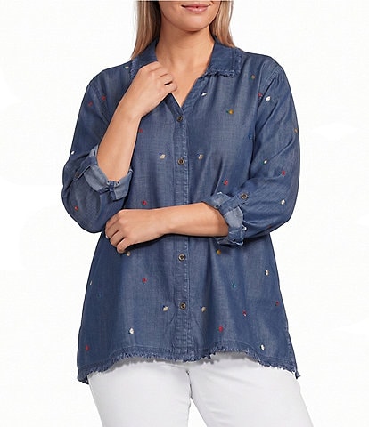 Multiples Plus Size All-Over Embroidered Point Collar 3/4 Roll-Tab Sleeve Button-Front Shirt