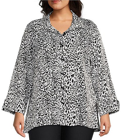 Multiples Plus Size Animal Print Shimmer Woven 3/4 Sleeve High-Low Button Front Fitted Shirt