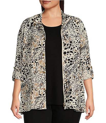Multiples Plus Size Animal Print Stand Collar Long Roll-Tab Sleeve Snap-Front Jacket