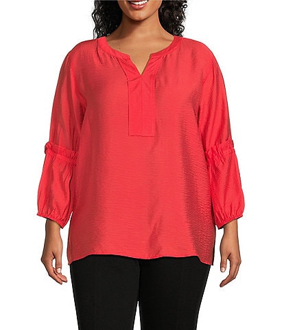 Multiples Plus Size Band Y-Neckline 3/4 Sleeve Top