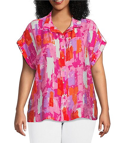 Multiples Plus Size Block Paintbrush Print Crinkle Woven Cuffed Cap Sleeve Button-Front Hi-Low Shirt