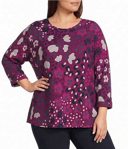 Multiples Plus Size Brushed Hatchie Knit Floral Multi Scoop Neck 3/4 Dolman Sleeve Top