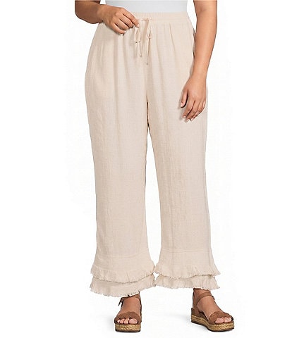 Multiples Plus Size Coordinating Textured Slub Elastic Drawstring Double Fringe Flounce Hem Cropped Pants