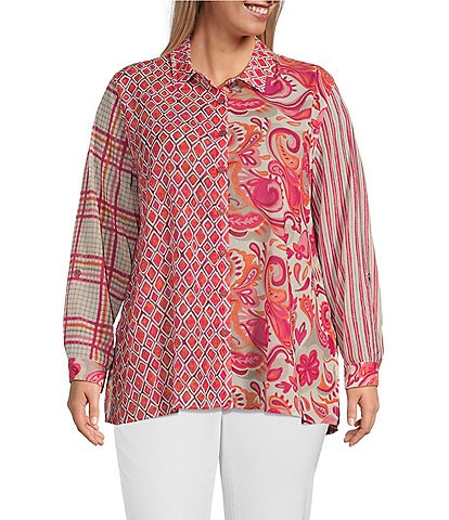 Multiples Plus Size Crinkle Mixed Print Point Collar Long Roll-Tab Sleeve Button-Front Shirt