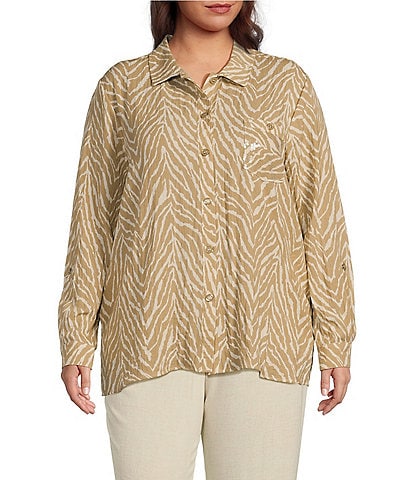 Multiples Plus Size Crinkle Point Collar Long Roll-Tab Sleeve Button-Front Shirt