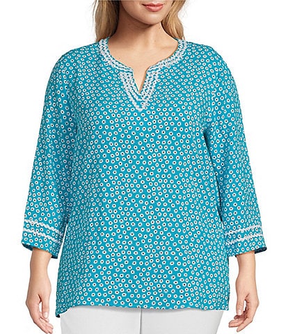 Multiples Plus Size Crinkle Printed Banded Split V-Neck 3/4 Sleeve Ric-Rac Trim Fitted Tunic