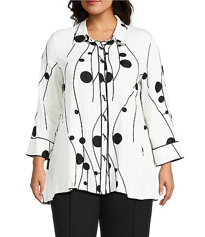Multiples Plus Size Crinkle Woven Embriordered Point Collar 3/4 Sleeve Hi-Low Hem Button Front Shirt