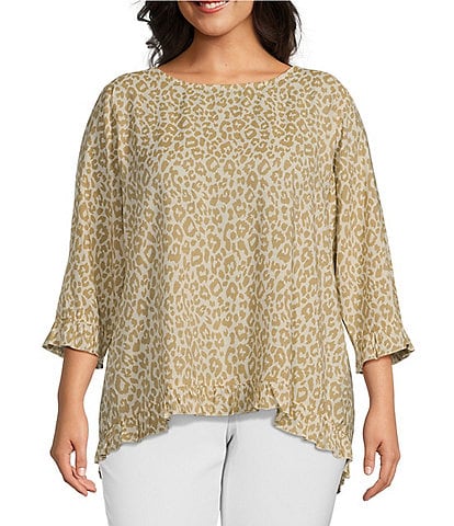 Multiples Plus Size Crinkle Woven Leopard Print Scoop Neck 3/4 Sleeve Ruffled Fitted Top