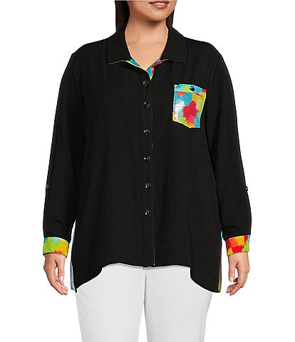 Multiples Plus Size Crinkle Woven Point Collar Roll-Tab Sleeve Sequin Pocket Hi-Low Button-Front Shirt