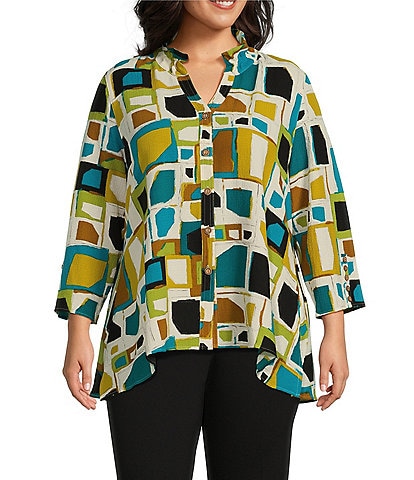 Multiples Plus Size Crinkle Woven Print Point Collar 3/4 Sleeve Button Front Shirt