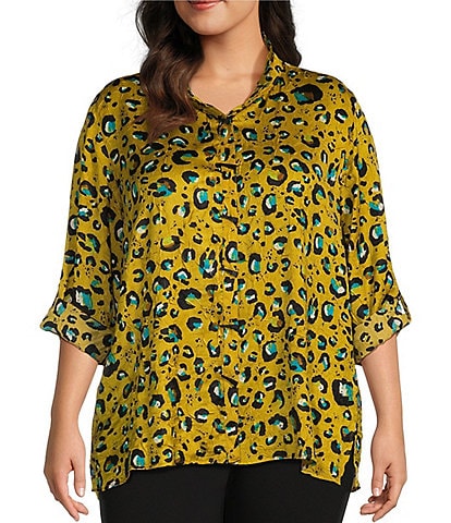 Multiples Plus Size Crinkle Woven Print Wire Collar Long Rolled-Tab Sleeve Button-Front Shirt