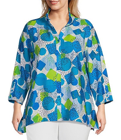 Multiples Plus Size Crinkle Woven Printed Stand Collar V-Neck 3/4 Sleeve Button-Front Shirt