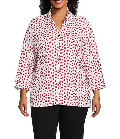 Multiples Plus Size Crinkle Woven Printed Wire Collar 3/4 Sleeve Hi-Low Hem Button Front Shirt
