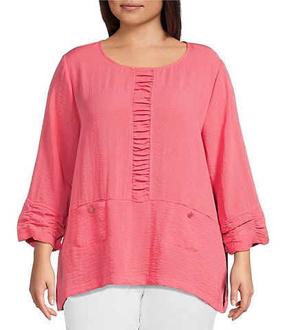 Multiples Plus Size Crinkle Woven Scoop Neck 3/4 Sleeve Shirred Front Top