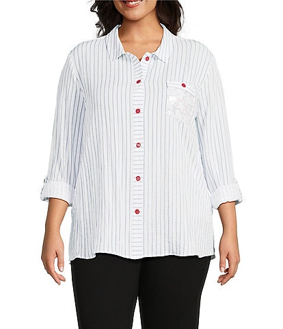 Multiples Plus Size Crinkle Woven Star Stripe Print Point Collar Long Roll-Tab Sleeve Hi-Low Hem Button Front Shirt