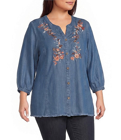 Multiples Plus Size Denim Embroidered Split Round Neck 3/4 Sleeve Fringe Hem Button-Front Shirt