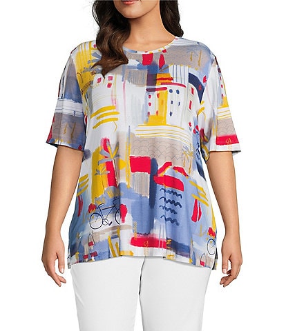 Multiples Plus Size Embellished Printed Scoop Neck 3/4 Sleeve Fitted Knit Top