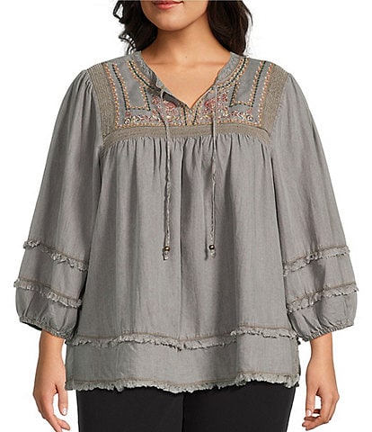 Multiples Plus Size Embroidered Band Collar 3/4 Sleeve Fringe Hem Top