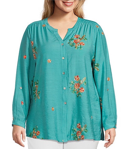 Multiples Plus Size Embroidered Floral Round Split V-Neck Long Roll-Tab Sleeve Tie Front Shirt