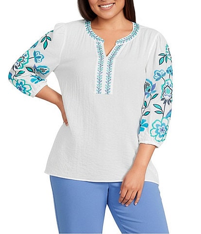 Multiples Plus Size Embroidered Floral Split V-Neck 3/4 Sleeve Top