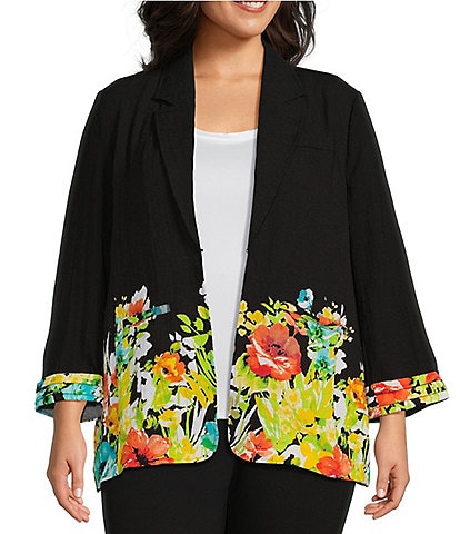 Multiples Plus Size Floral Border Print Crinkle Woven Notch Lapel Collar Blazer Jacket